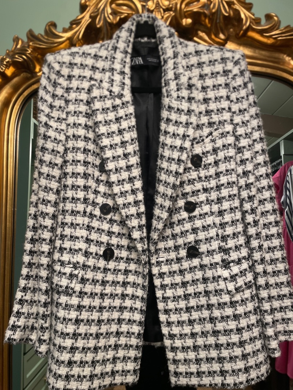 ZARA Black and White Houndstooth Double-Breasted Blazer